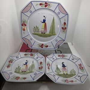 Vtg HB Henriot Quimper Faience Octagonal Plates Trio France Hand Painted Set/3